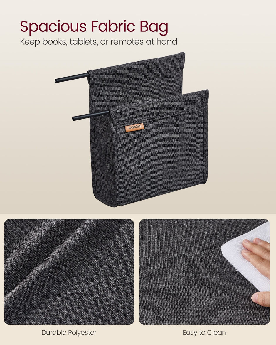 C-Shaped Bedside Table – Wood – Ebony Black – With Fabric Storage Bag and Adjustable Feet