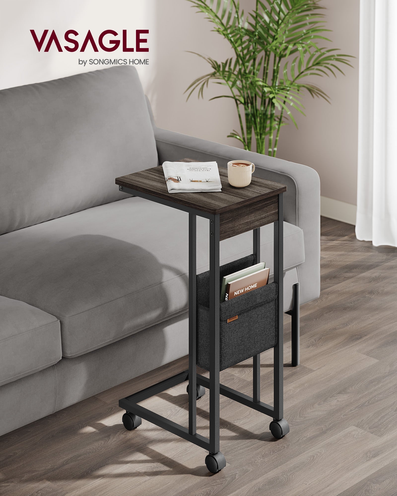 C-Shaped Bedside Table – Wood – Ash Brown – With Fabric Storage Bag and Adjustable Feet