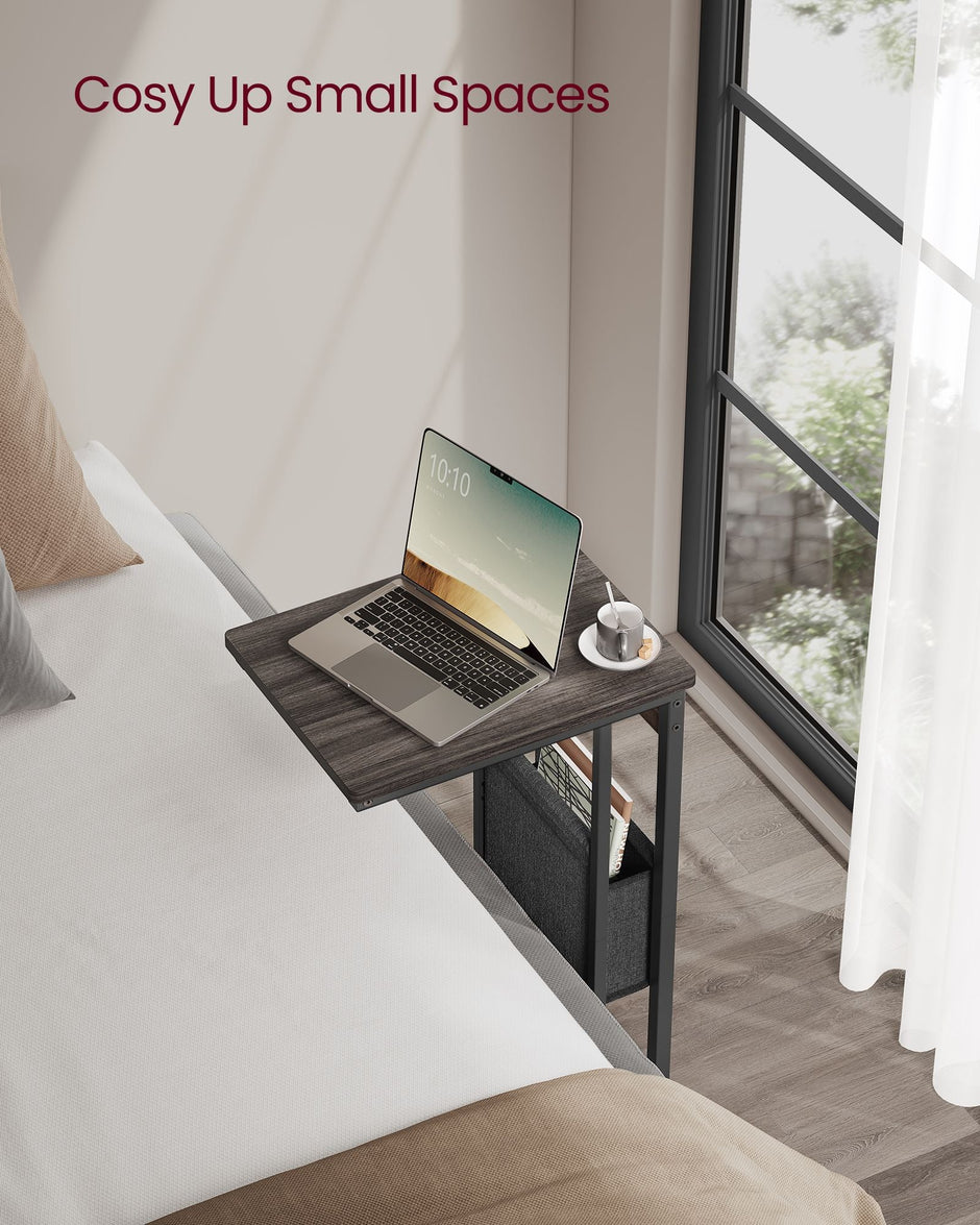 C-Shaped Bedside Table – Wood – Ash Brown – With Fabric Storage Bag and Adjustable Feet