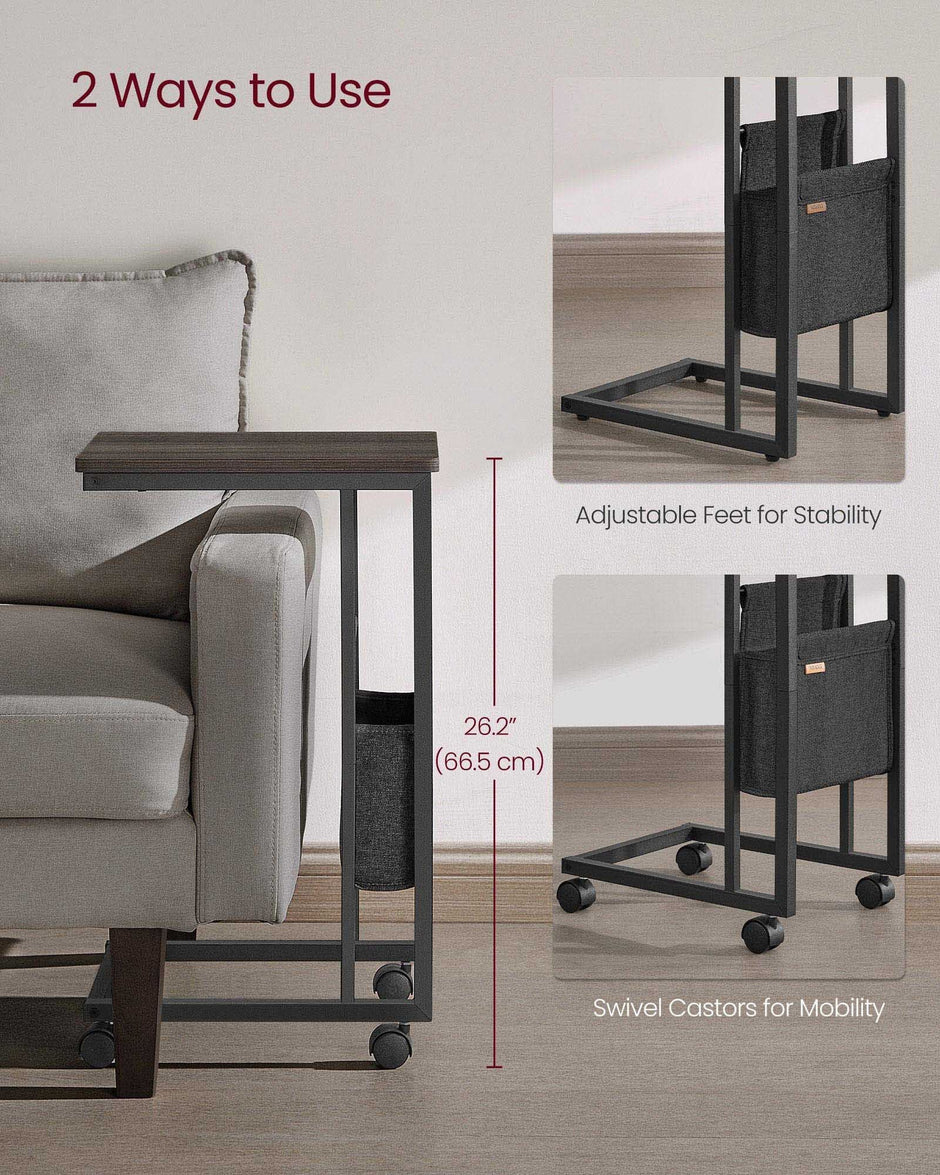 C-Shaped Bedside Table – Wood – Ash Brown – With Fabric Storage Bag and Adjustable Feet