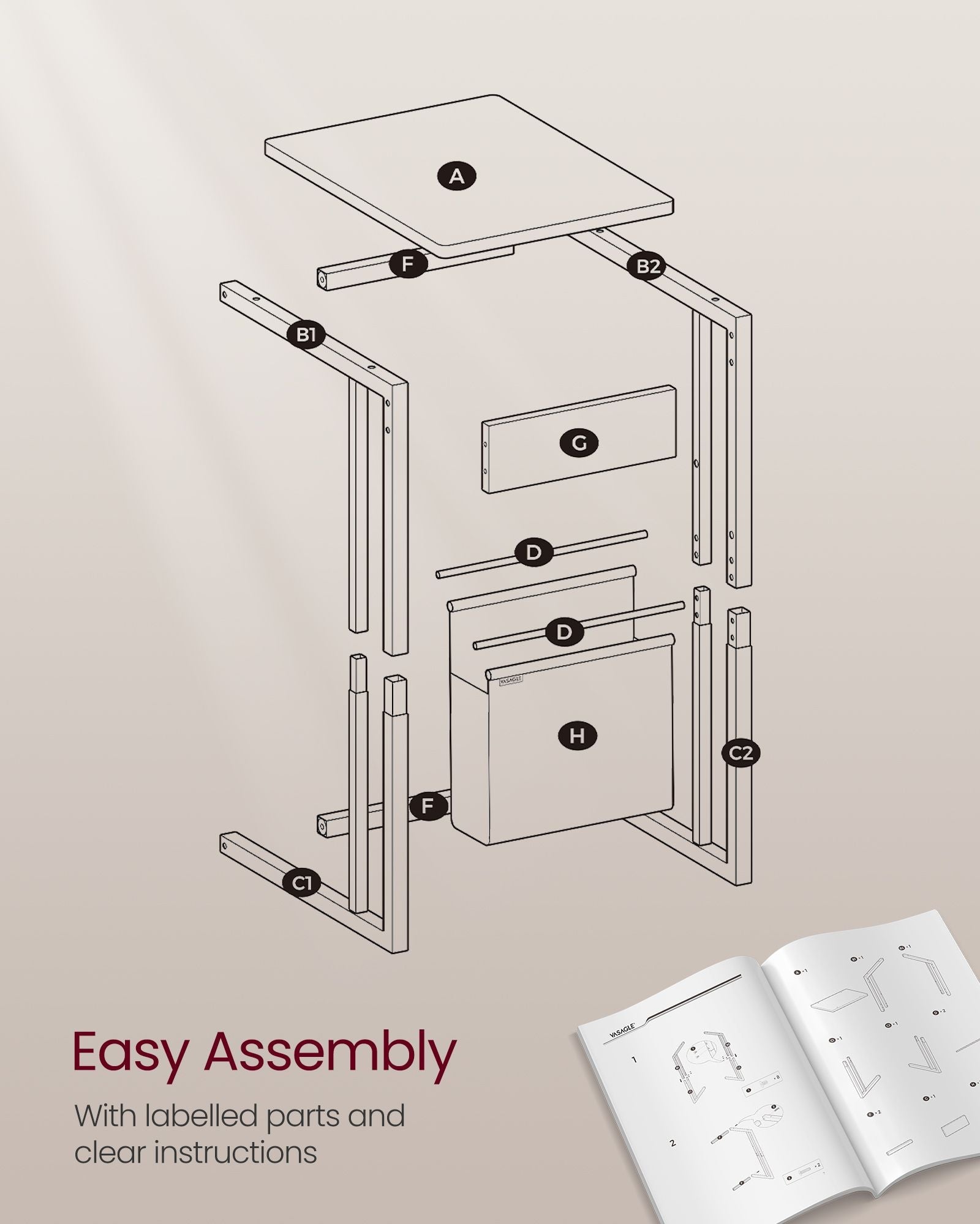 C-Shaped Bedside Table – Wood – Ash Brown – With Fabric Storage Bag and Adjustable Feet