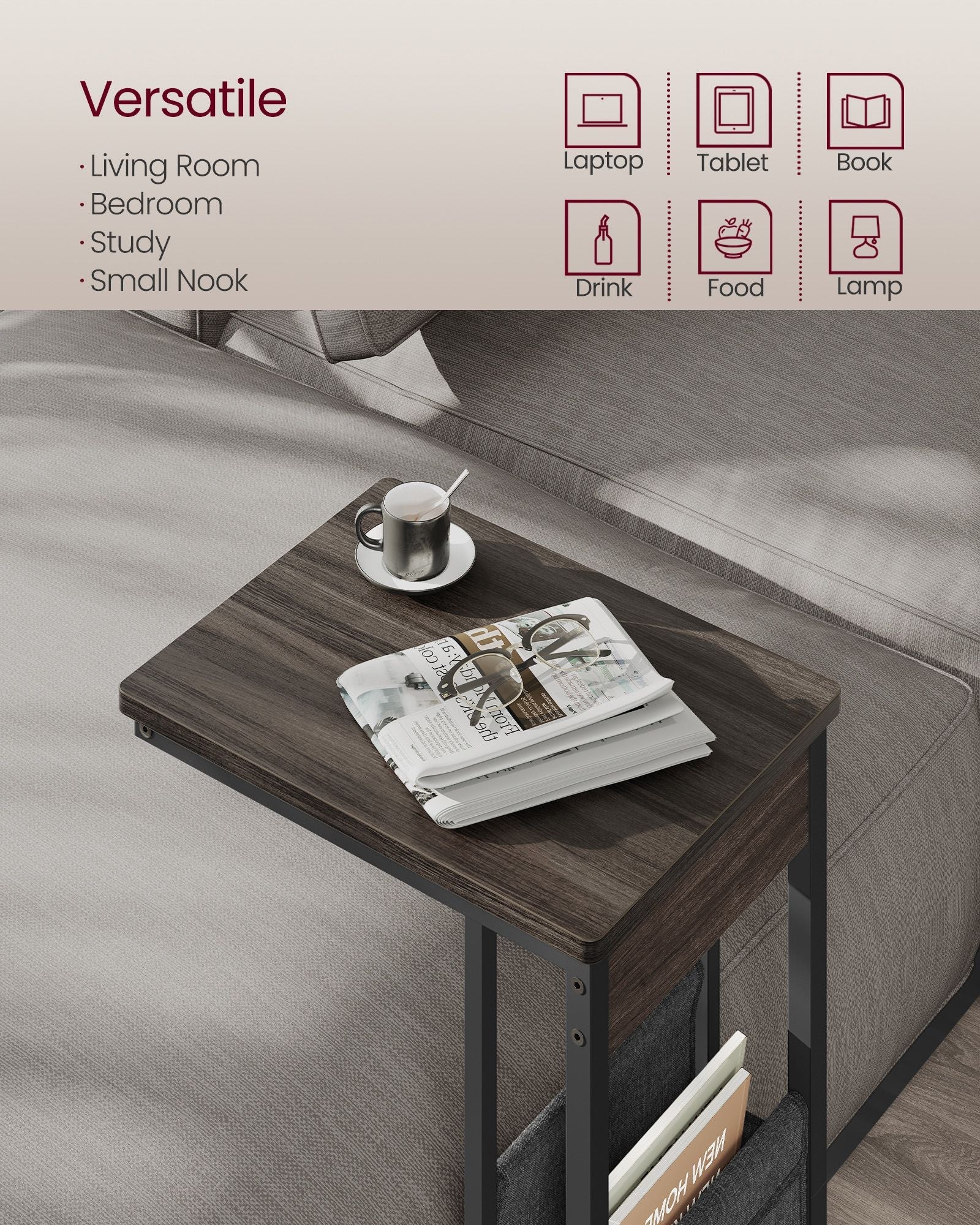 C-Shaped Bedside Table – Wood – Ash Brown – With Fabric Storage Bag and Adjustable Feet
