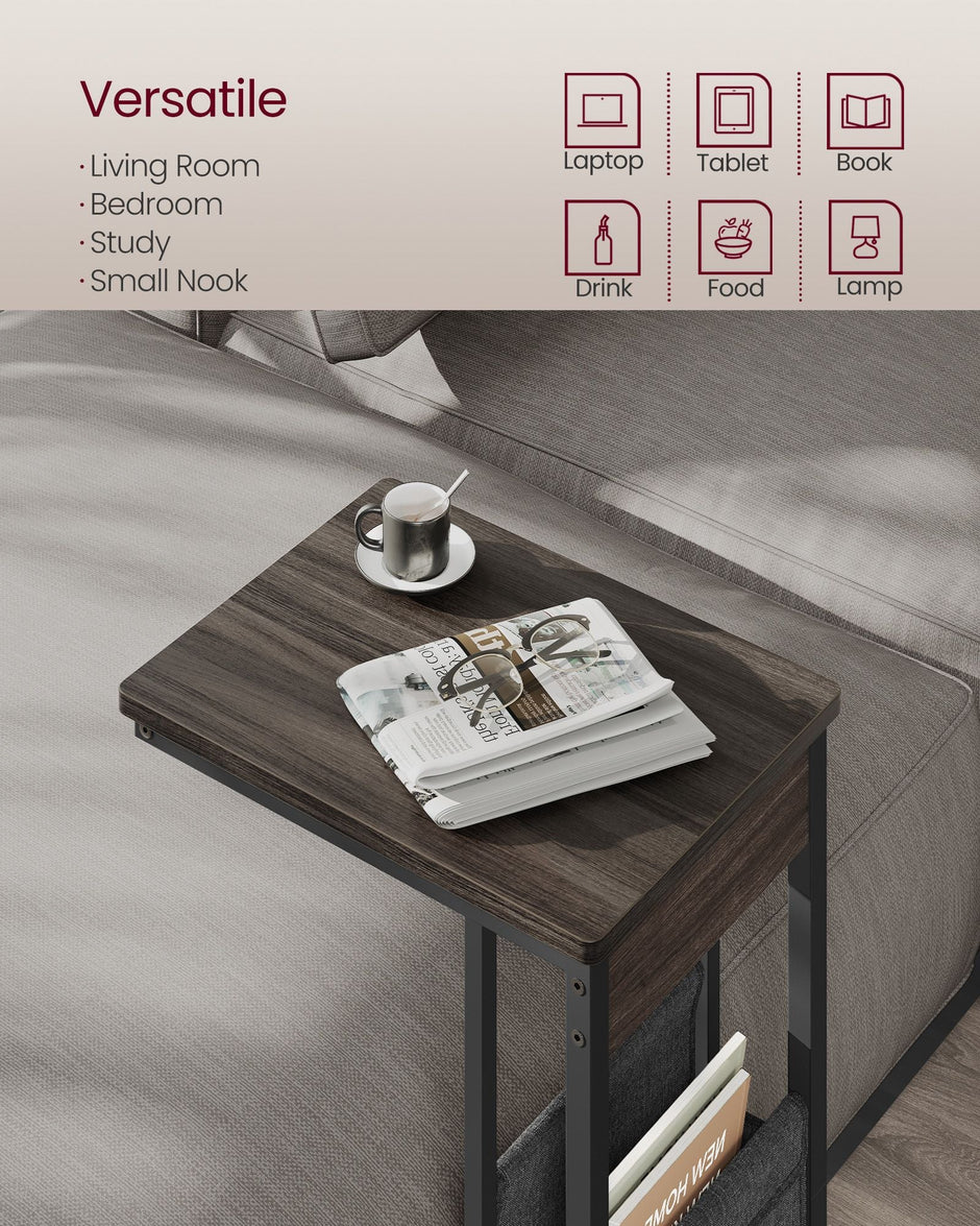 C-Shaped Bedside Table – Wood – Ash Brown – With Fabric Storage Bag and Adjustable Feet