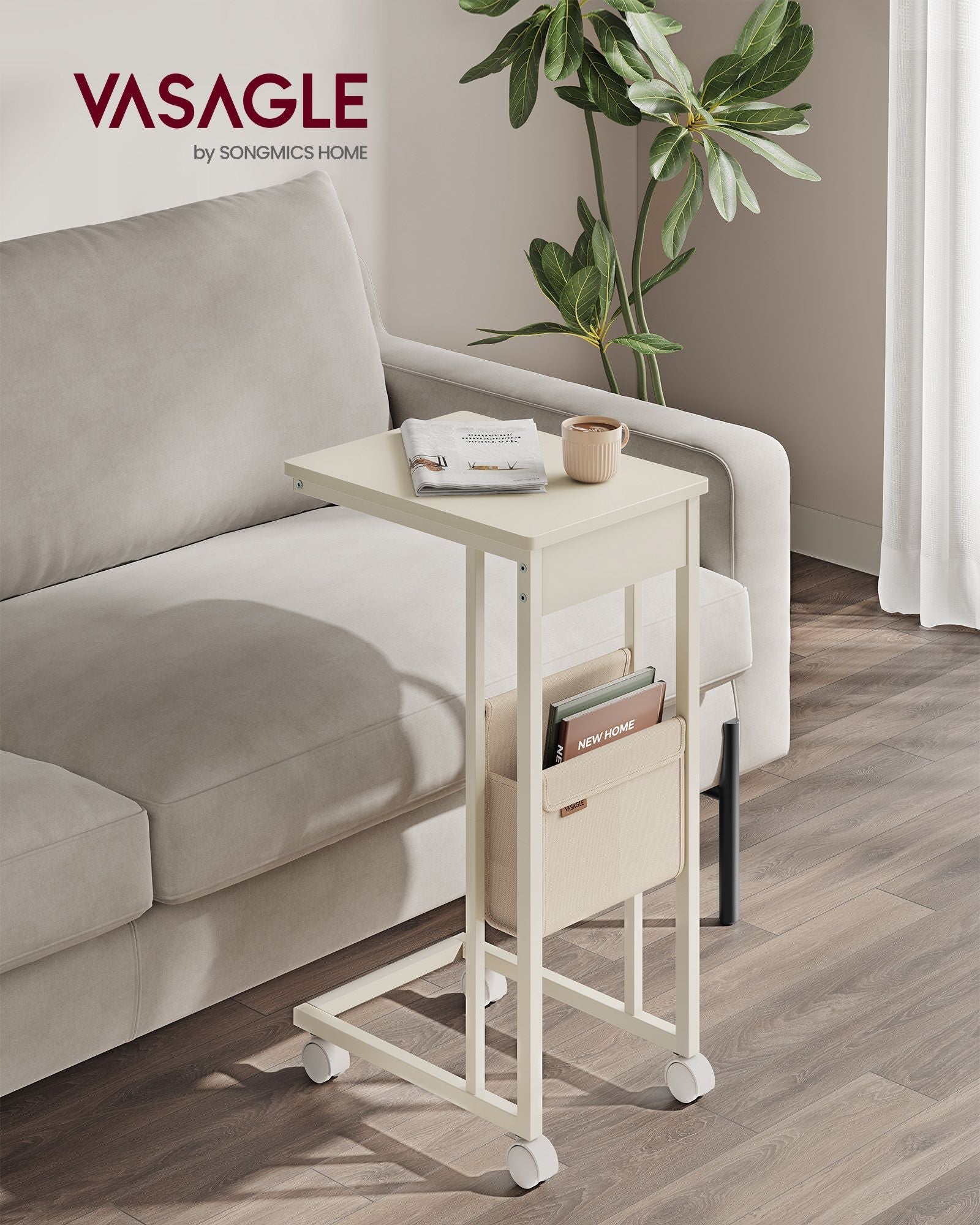 C-Shaped Bedside Table – Wood – Cream White – Includes Fabric Storage Bag and Swivel Castors