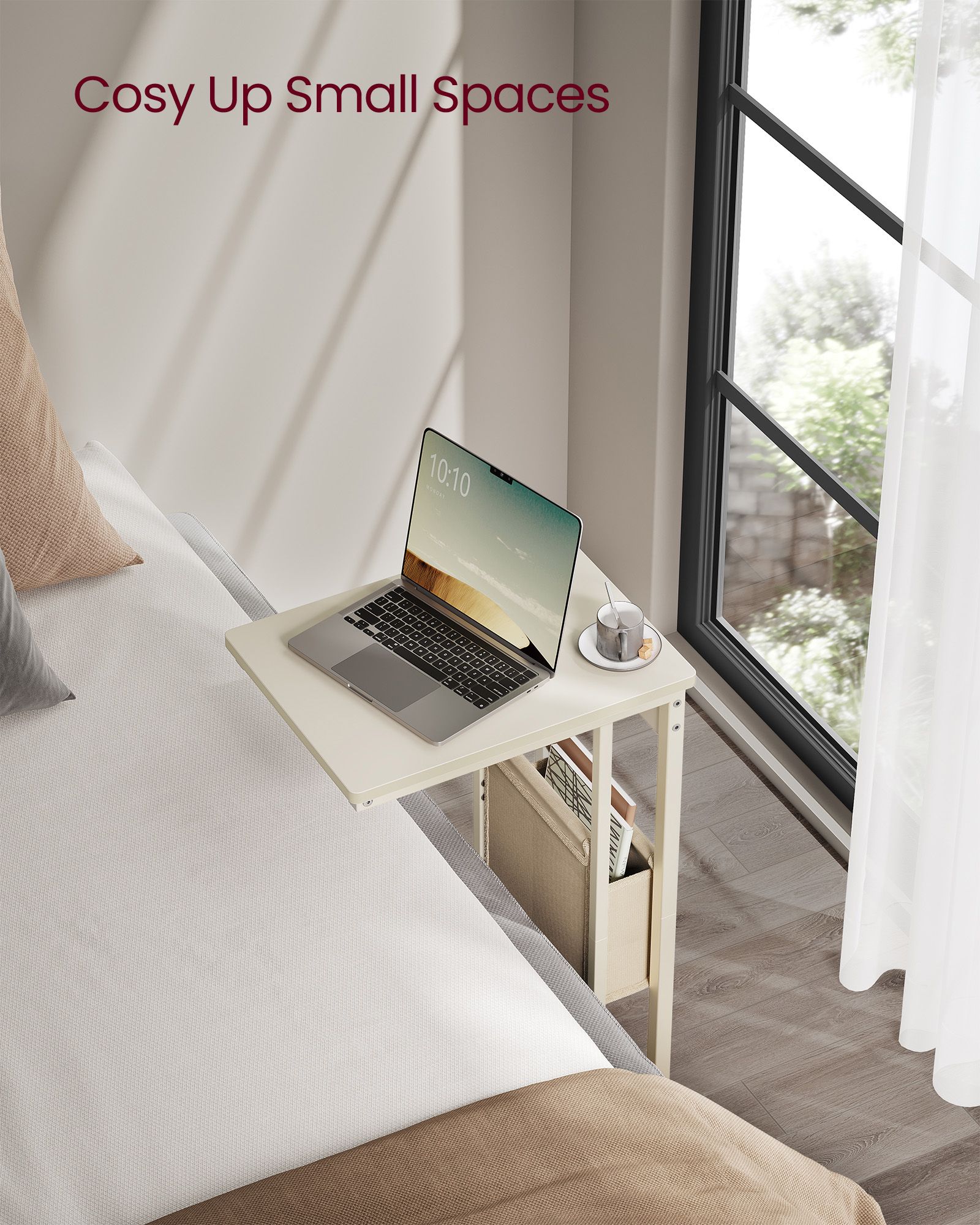 C-Shaped Bedside Table – Wood – Cream White – Includes Fabric Storage Bag and Swivel Castors
