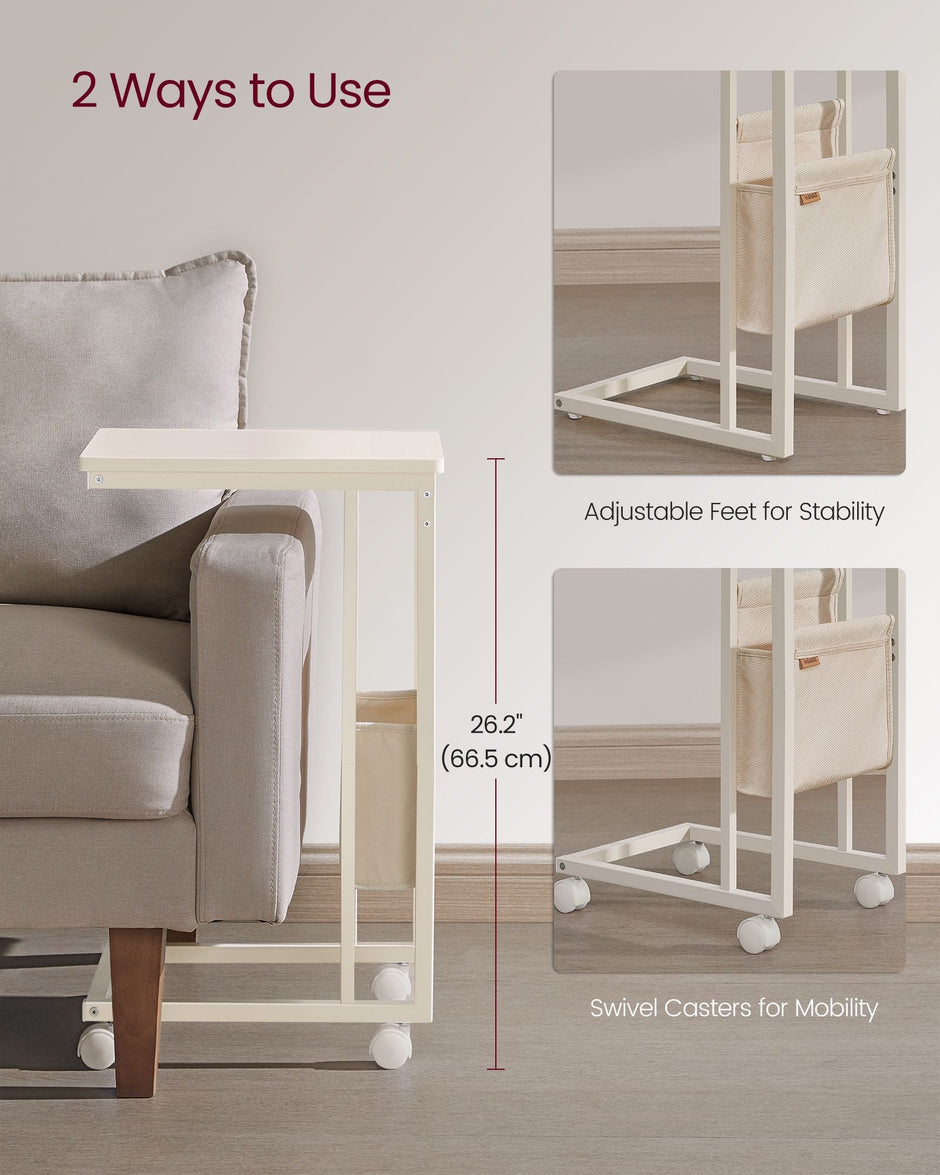 C-Shaped Bedside Table – Wood – Cream White – Includes Fabric Storage Bag and Swivel Castors