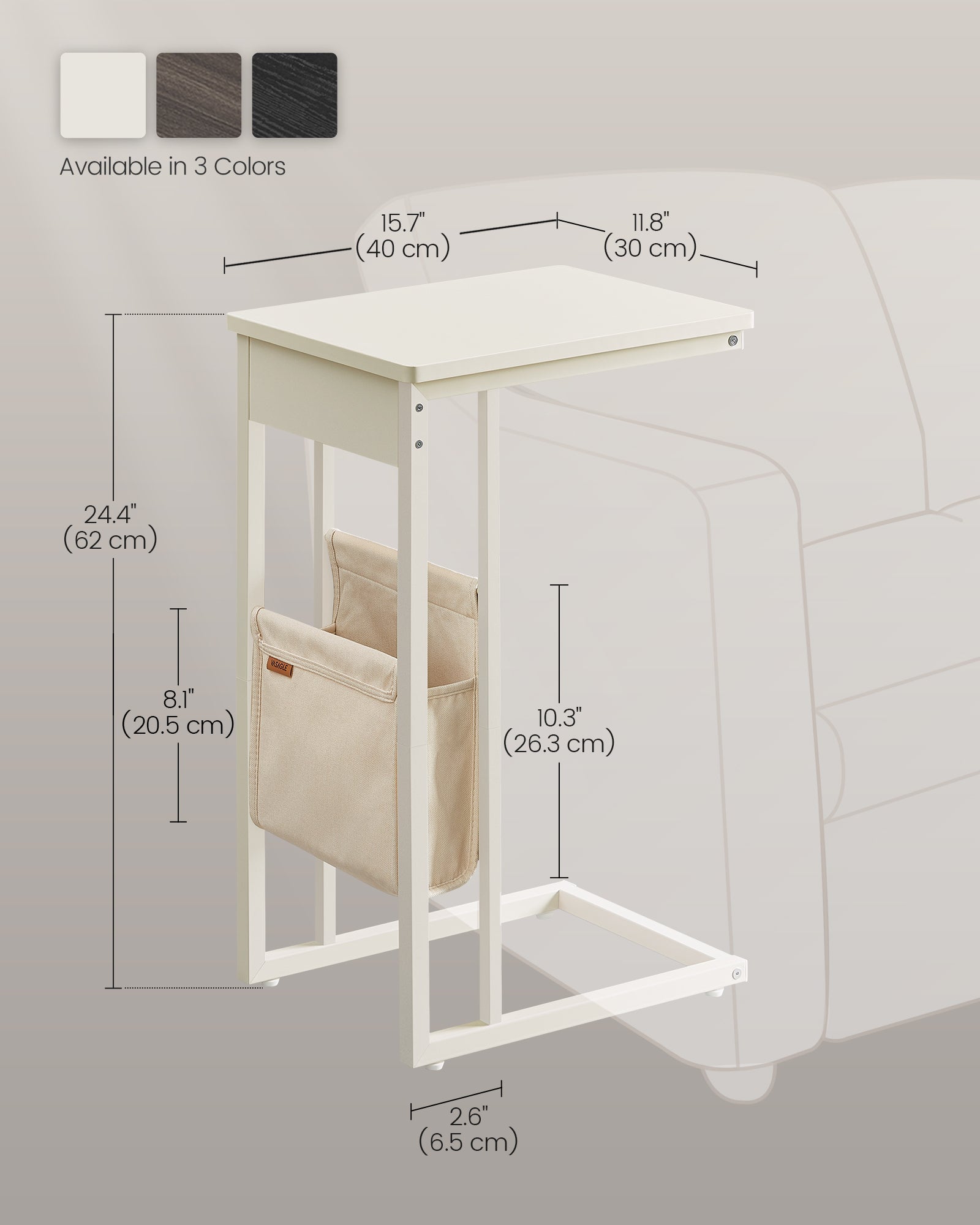 C-Shaped Bedside Table – Wood – Cream White – Includes Fabric Storage Bag and Swivel Castors
