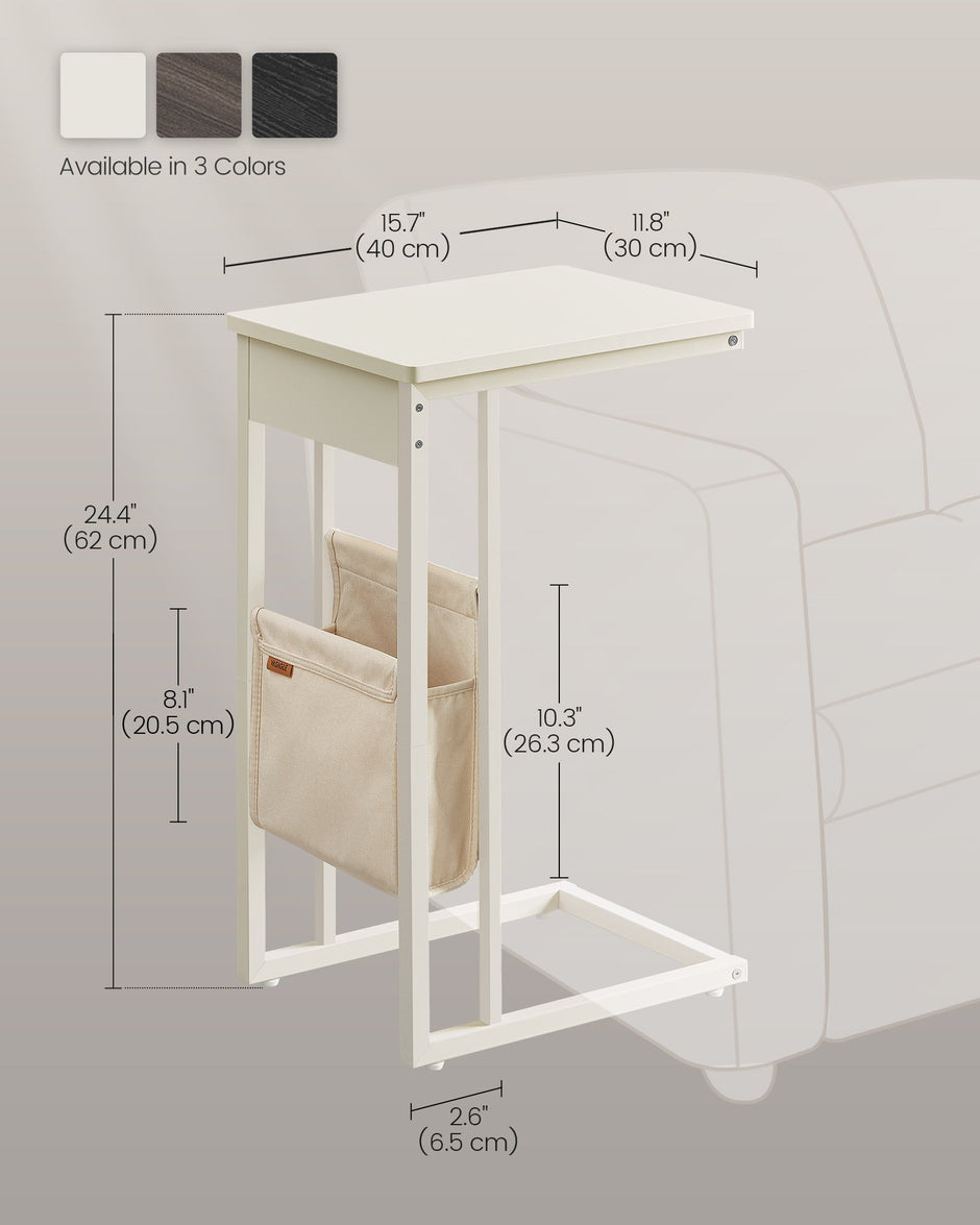 C-Shaped Bedside Table – Wood – Cream White – Includes Fabric Storage Bag and Swivel Castors