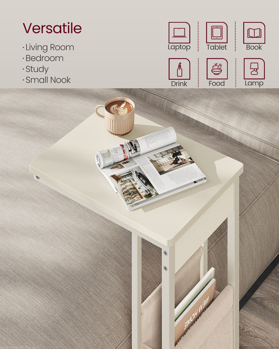 C-Shaped Bedside Table – Wood – Cream White – Includes Fabric Storage Bag and Swivel Castors