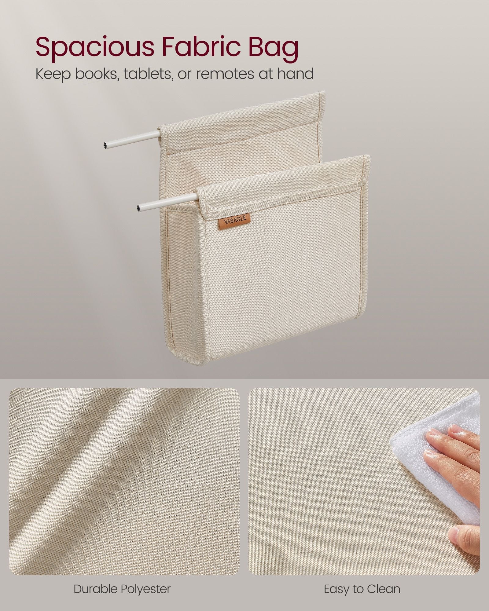 C-Shaped Bedside Table – Wood – Cream White – Includes Fabric Storage Bag and Swivel Castors