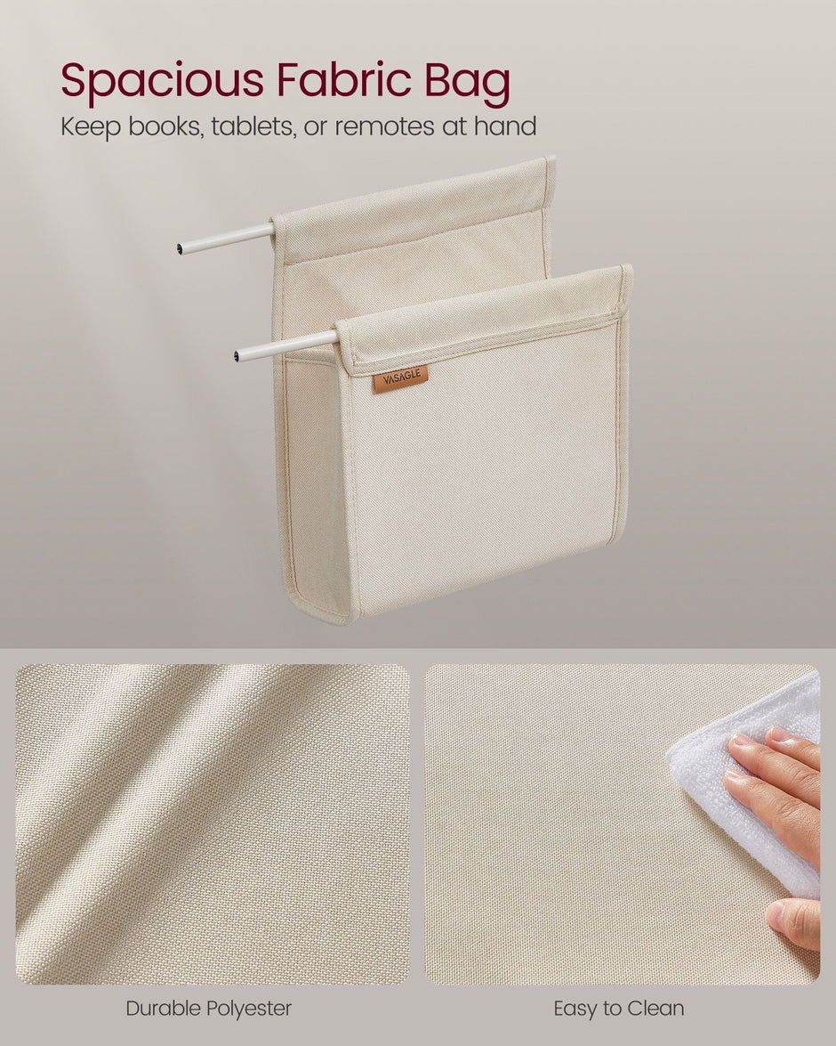 C-Shaped Bedside Table – Wood – Cream White – Includes Fabric Storage Bag and Swivel Castors