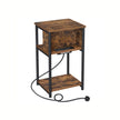 Narrow Bedside Table – Wood – Rustic Brown and Black – Integrated Charging Station with 2 AC and 2 USB Outlets