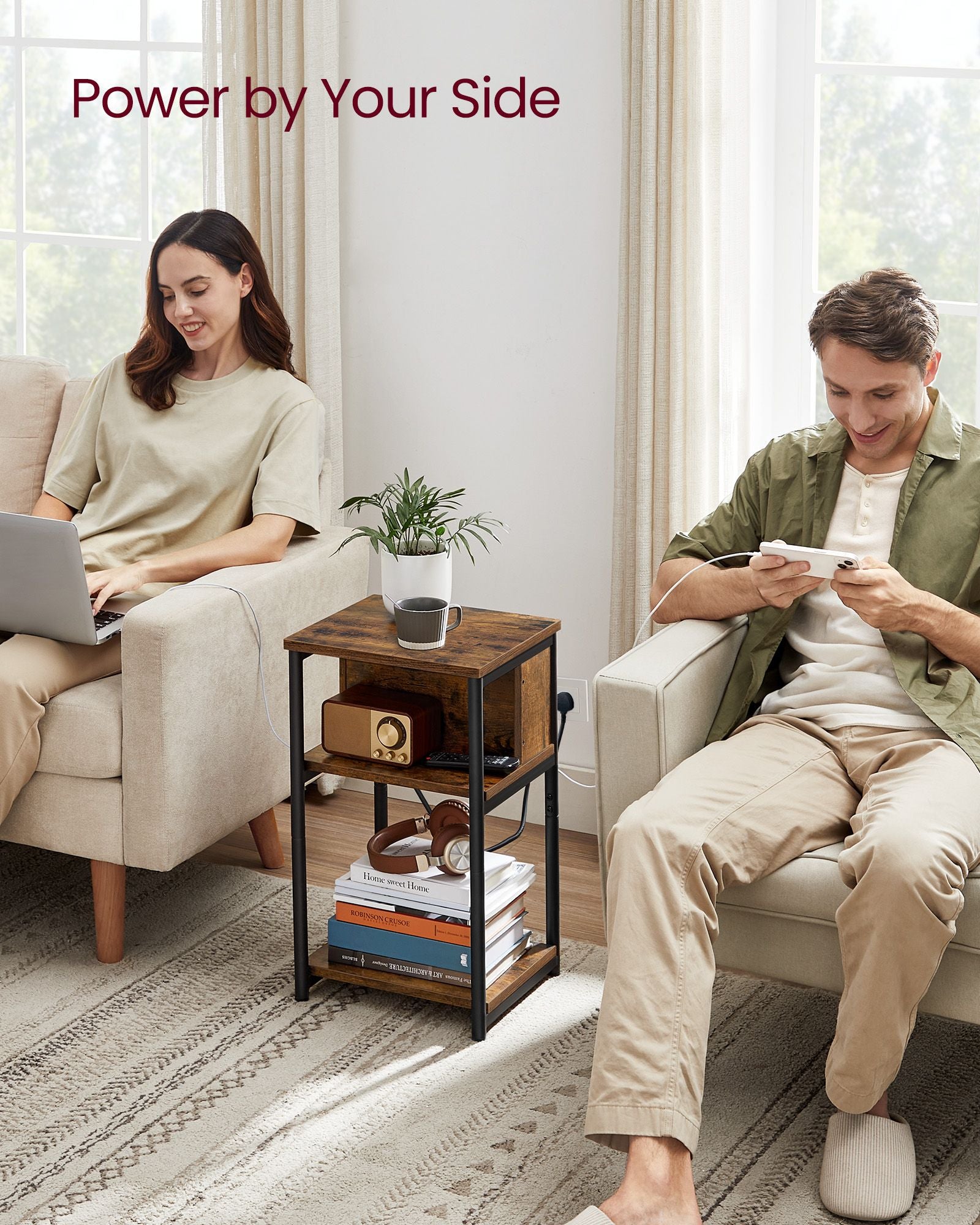 Narrow Bedside Table – Wood – Rustic Brown and Black – Integrated Charging Station with 2 AC and 2 USB Outlets