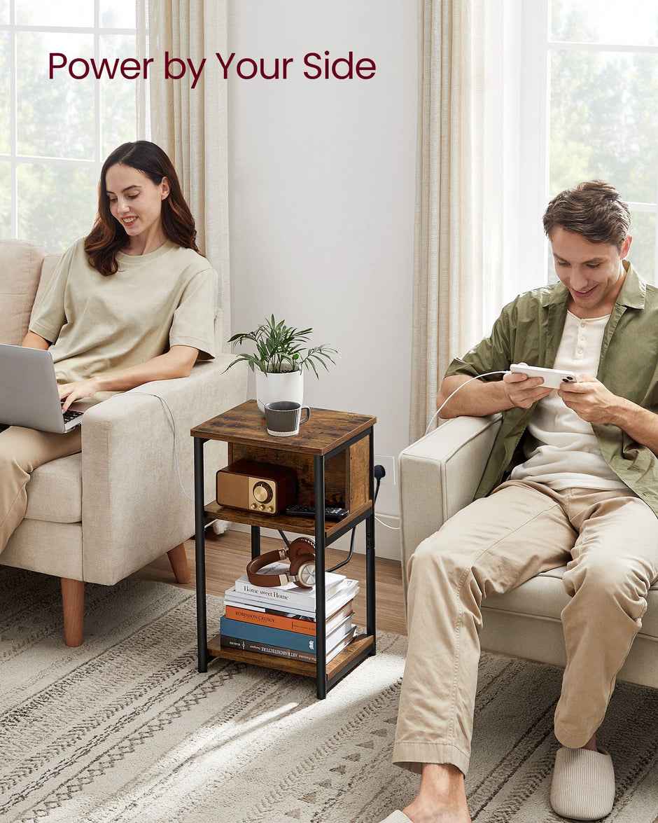Narrow Bedside Table – Wood – Rustic Brown and Black – Integrated Charging Station with 2 AC and 2 USB Outlets