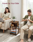 Narrow Bedside Table – Wood – Rustic Brown and Black – Integrated Charging Station with 2 AC and 2 USB Outlets