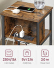 Narrow Bedside Table – Wood – Rustic Brown and Black – Integrated Charging Station with 2 AC and 2 USB Outlets