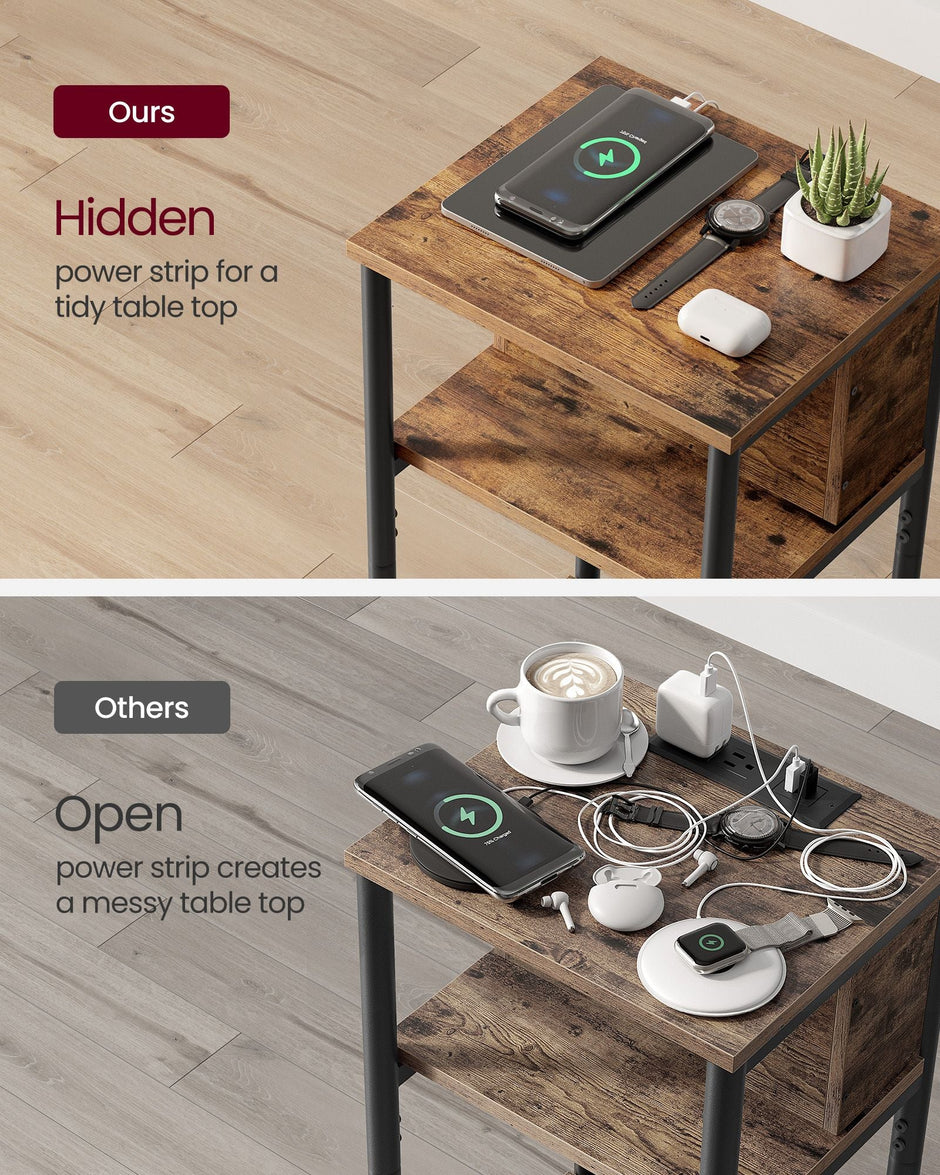 Narrow Bedside Table – Wood – Rustic Brown and Black – Integrated Charging Station with 2 AC and 2 USB Outlets