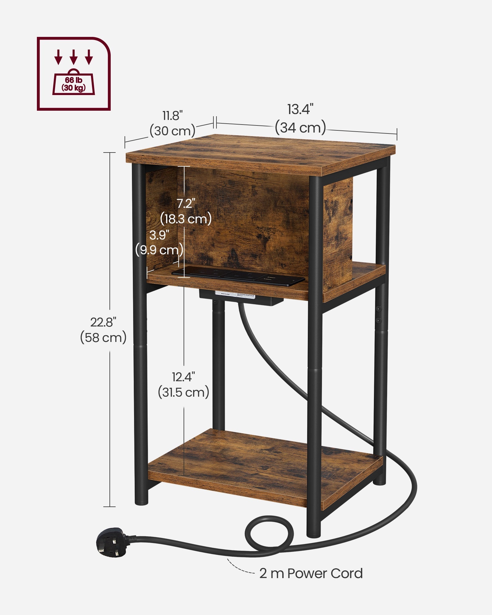 Narrow Bedside Table – Wood – Rustic Brown and Black – Integrated Charging Station with 2 AC and 2 USB Outlets