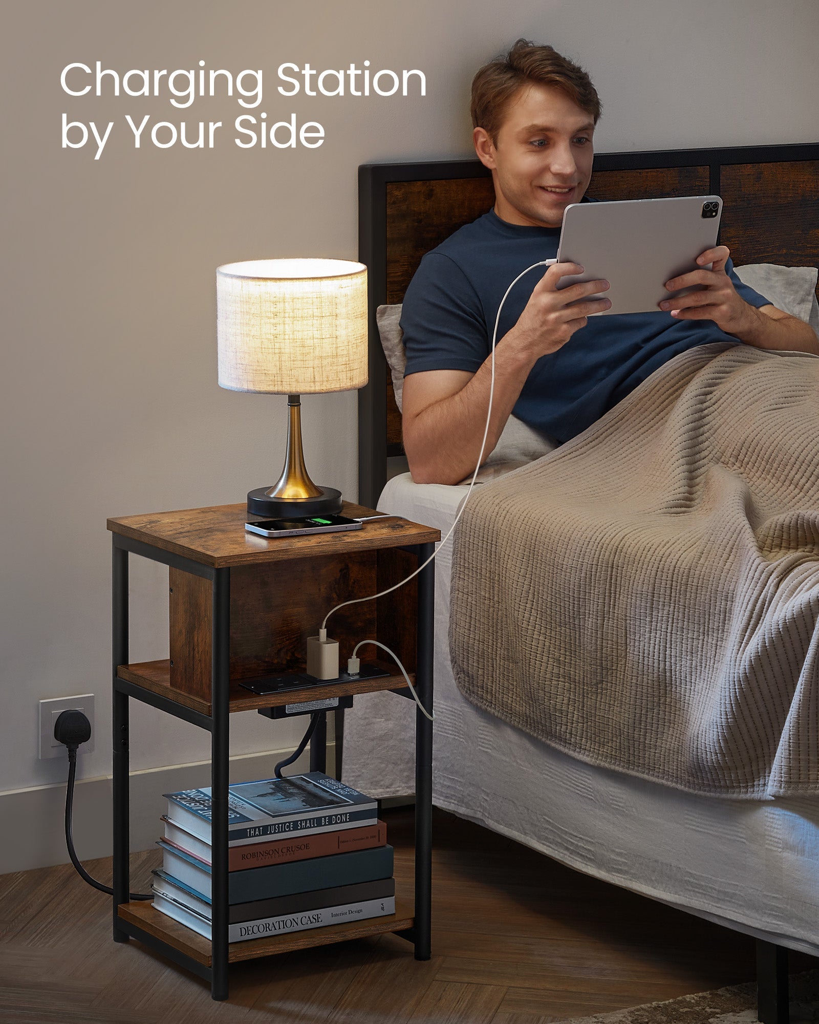 Narrow Bedside Table – Wood – Rustic Brown and Black – Integrated Charging Station with 2 AC and 2 USB Outlets