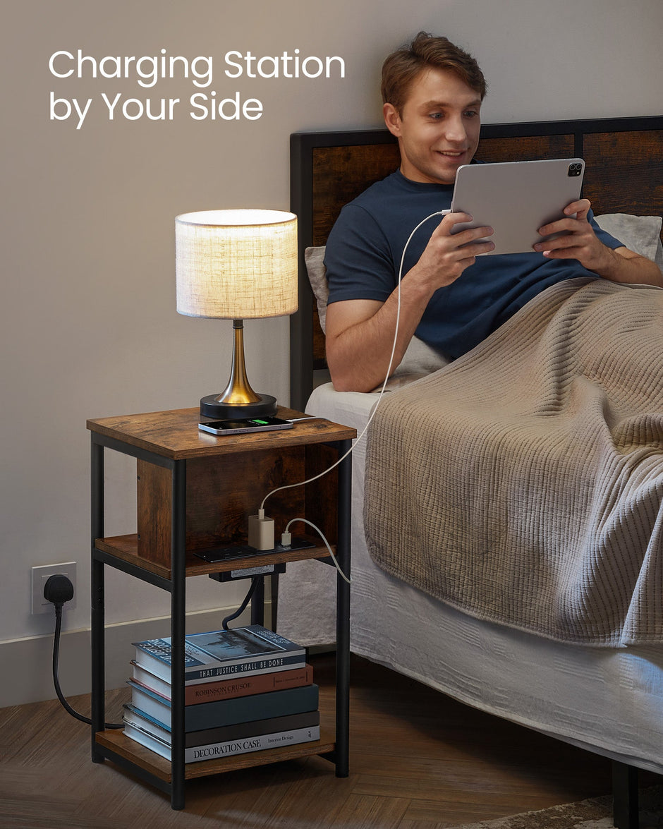 Narrow Bedside Table – Wood – Rustic Brown and Black – Integrated Charging Station with 2 AC and 2 USB Outlets