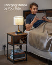 Narrow Bedside Table – Wood – Rustic Brown and Black – Integrated Charging Station with 2 AC and 2 USB Outlets