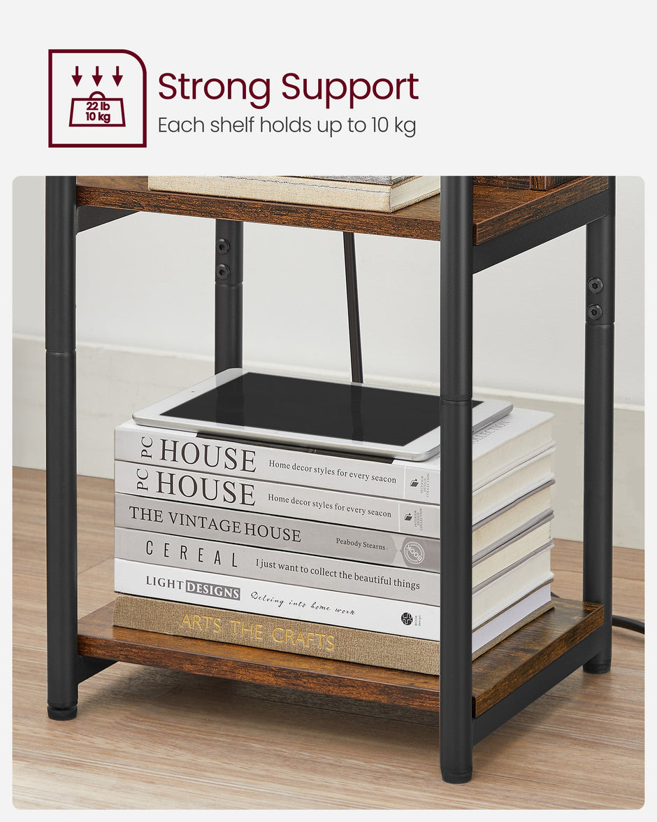 Narrow Bedside Table – Wood – Rustic Brown and Black – Integrated Charging Station with 2 AC and 2 USB Outlets