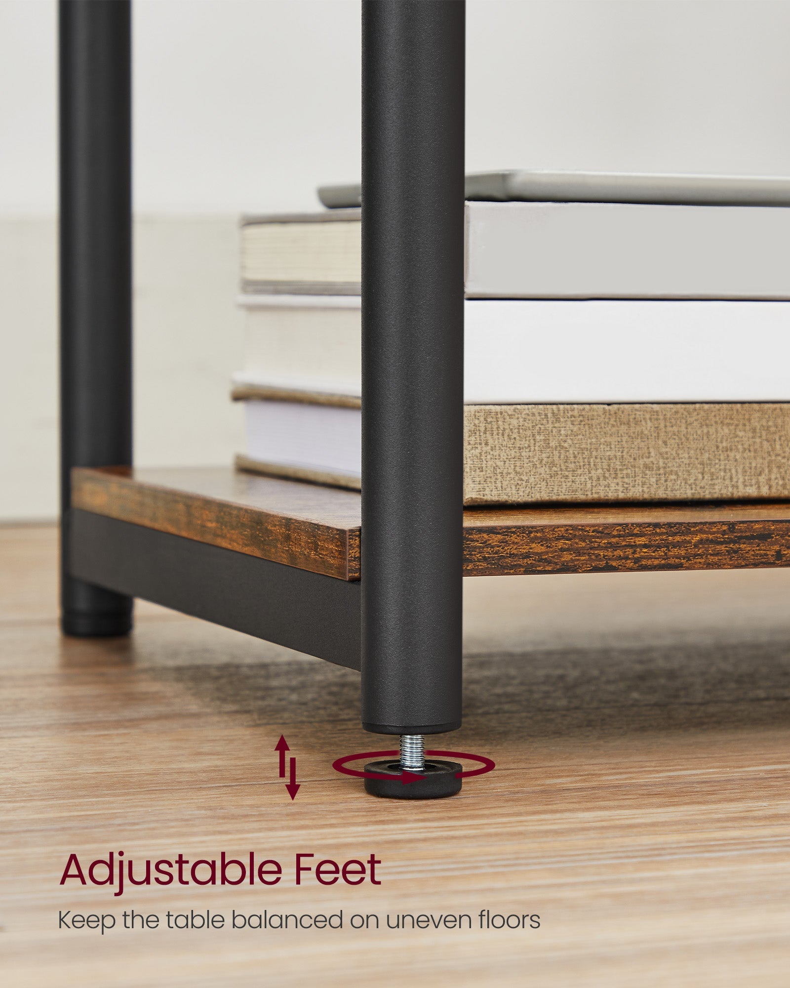 Narrow Bedside Table – Wood – Rustic Brown and Black – Integrated Charging Station with 2 AC and 2 USB Outlets