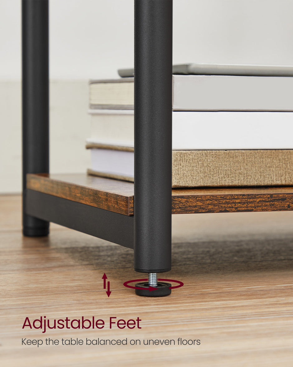Narrow Bedside Table – Wood – Rustic Brown and Black – Integrated Charging Station with 2 AC and 2 USB Outlets