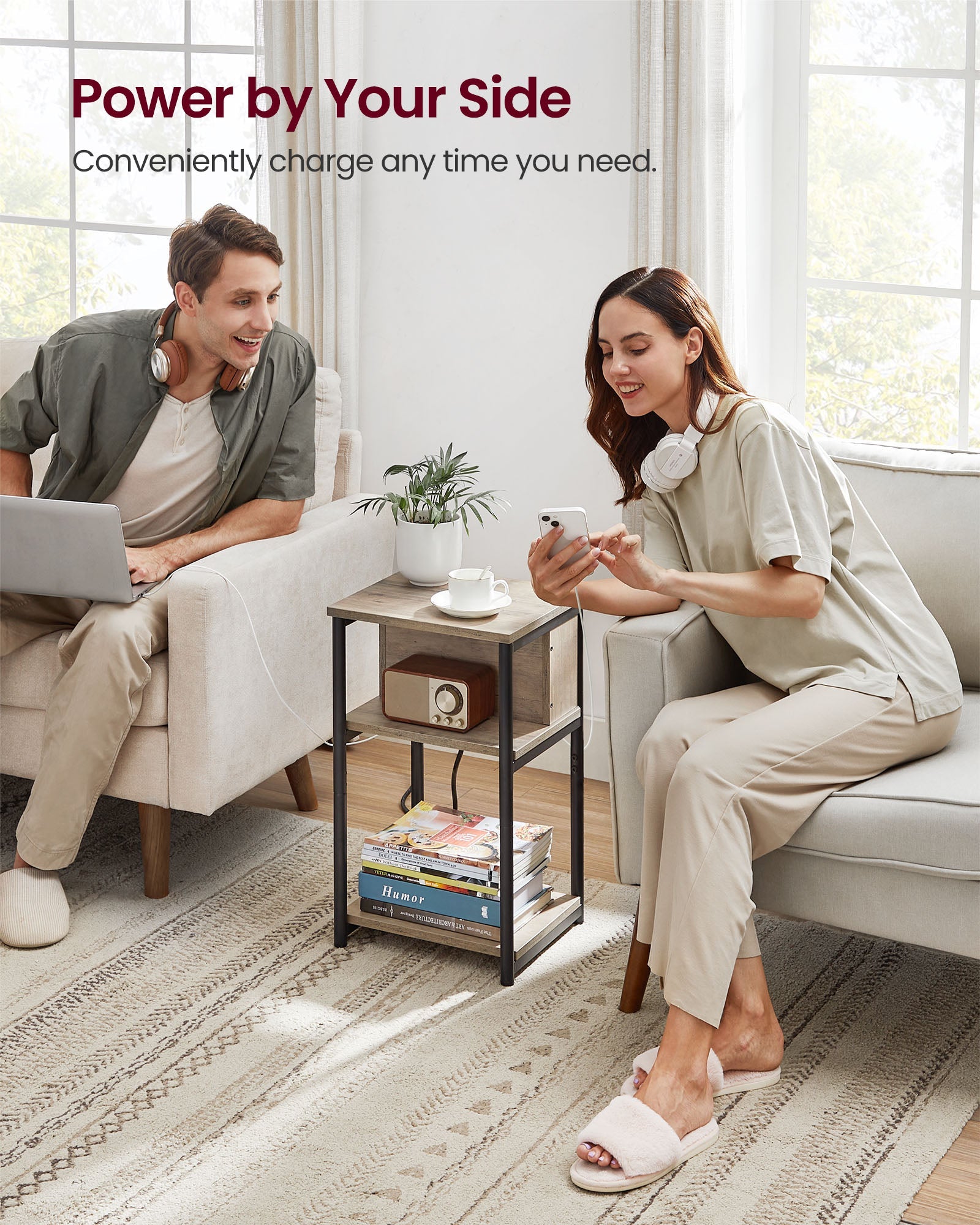 Slim Side Table – Wood – Heather Greige and Ink Black – Charging Station with AC and USB Outlets