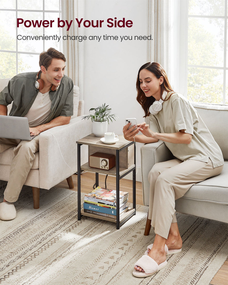 Slim Side Table – Wood – Heather Greige and Ink Black – Charging Station with AC and USB Outlets