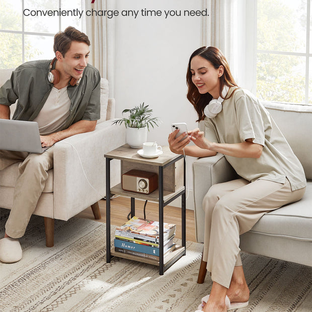 Slim Side Table – Wood – Heather Greige and Ink Black – Charging Station with AC and USB Outlets