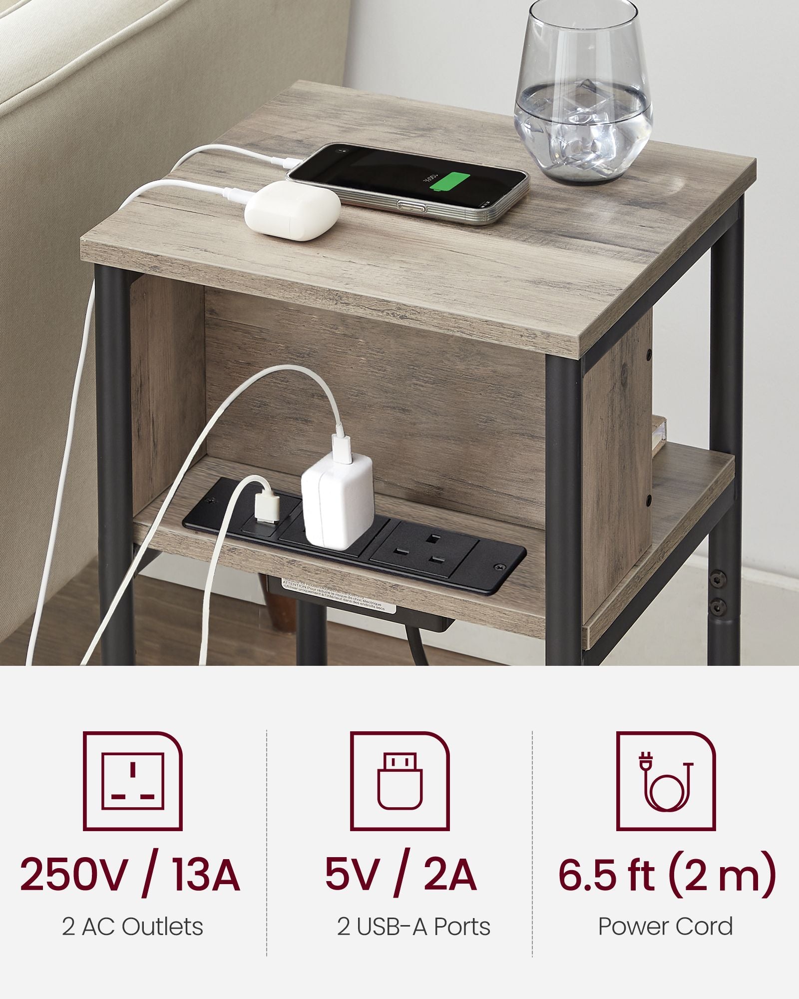 Slim Side Table – Wood – Heather Greige and Ink Black – Charging Station with AC and USB Outlets