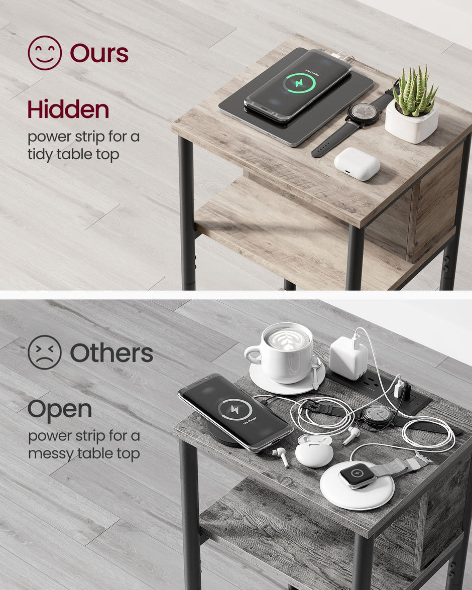 Slim Side Table – Wood – Heather Greige and Ink Black – Charging Station with AC and USB Outlets