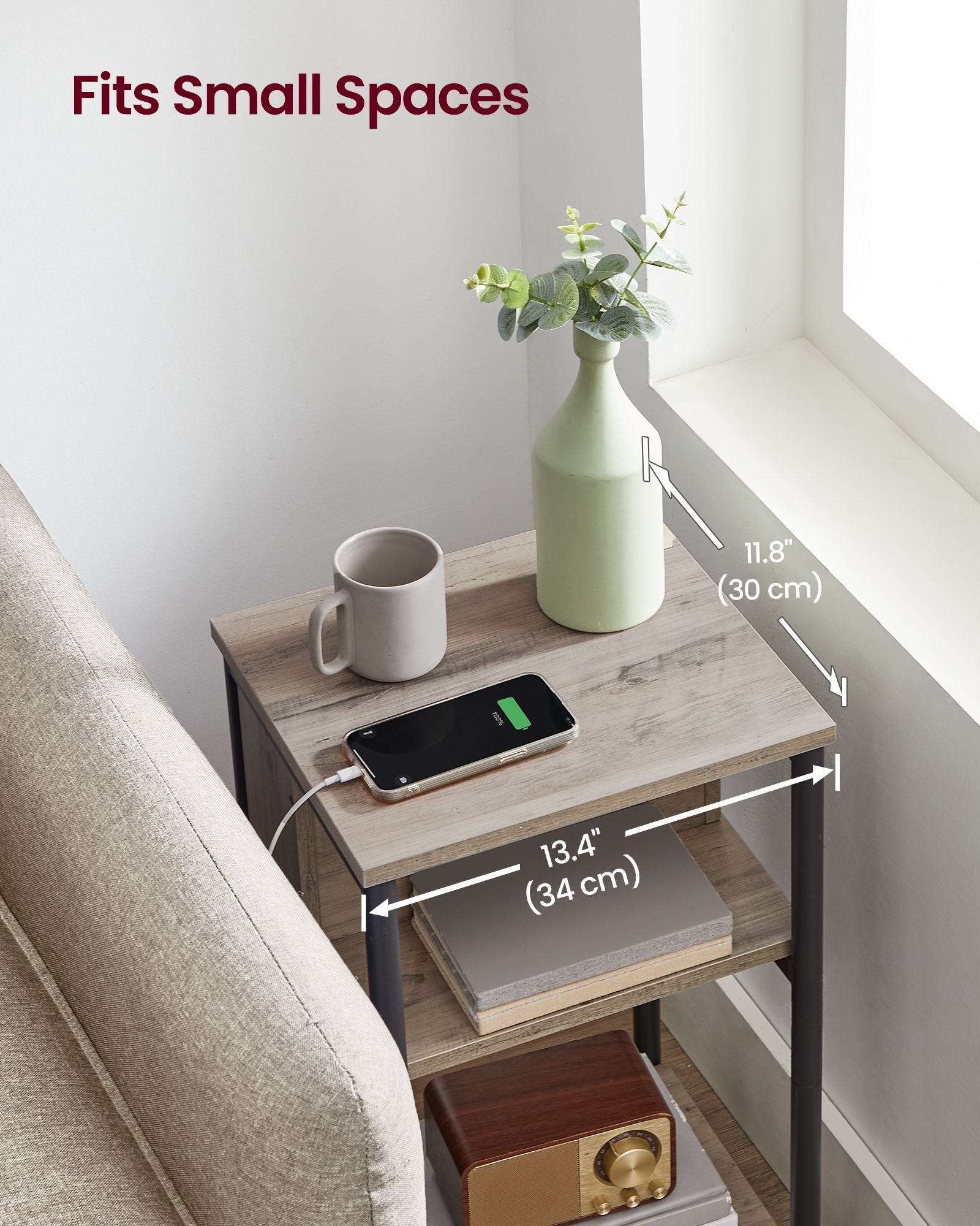 Slim Side Table – Wood – Heather Greige and Ink Black – Charging Station with AC and USB Outlets