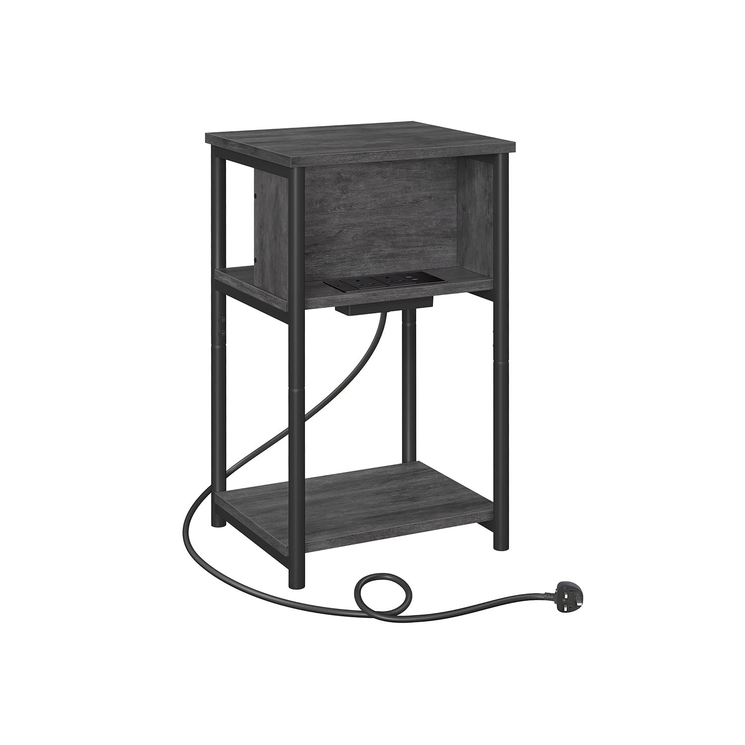 Slim Side Table – Wood and Metal – Charcoal Grey and Ink Black – Charging Station with AC and USB Outlets