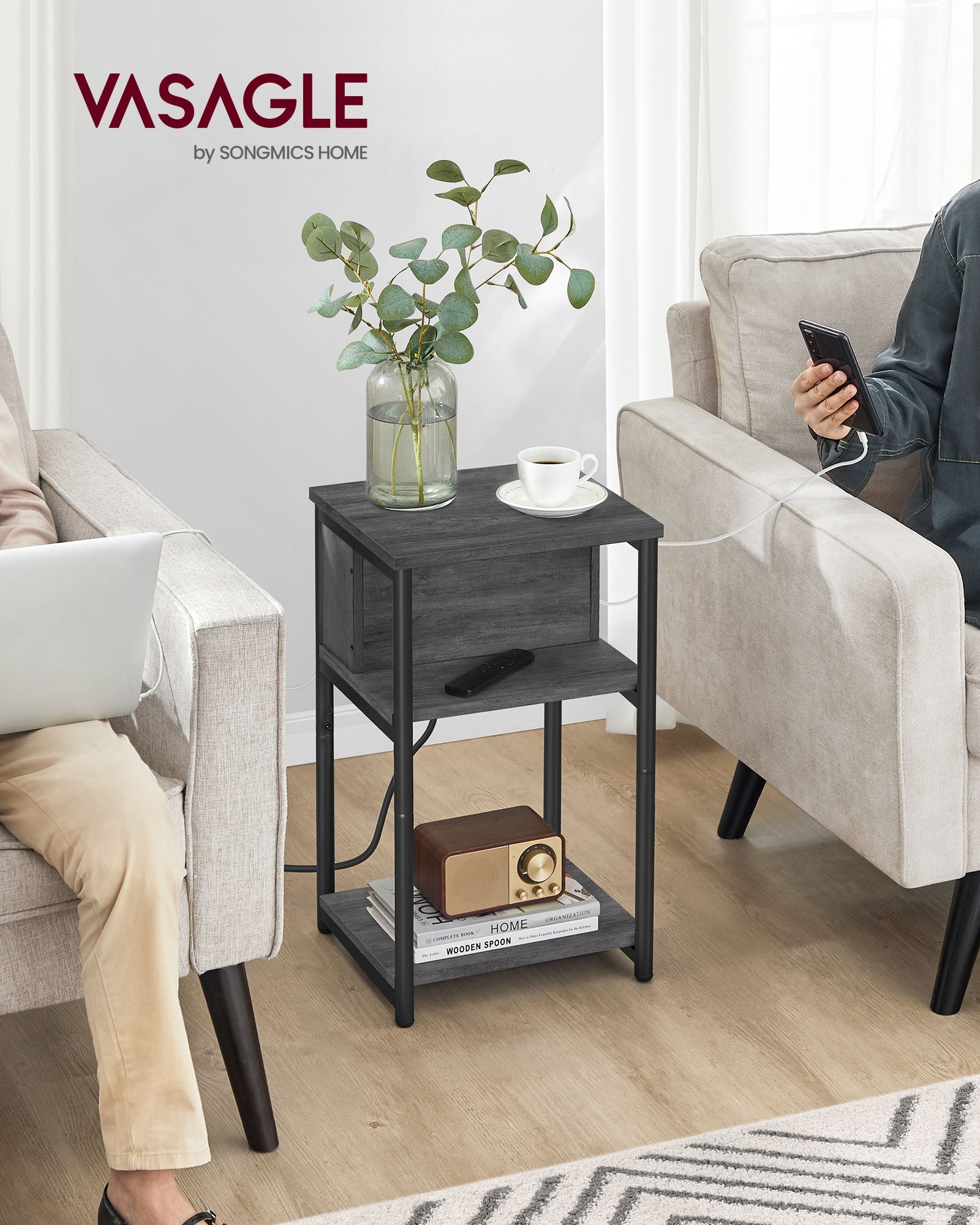Slim Side Table – Wood and Metal – Charcoal Grey and Ink Black – Charging Station with AC and USB Outlets