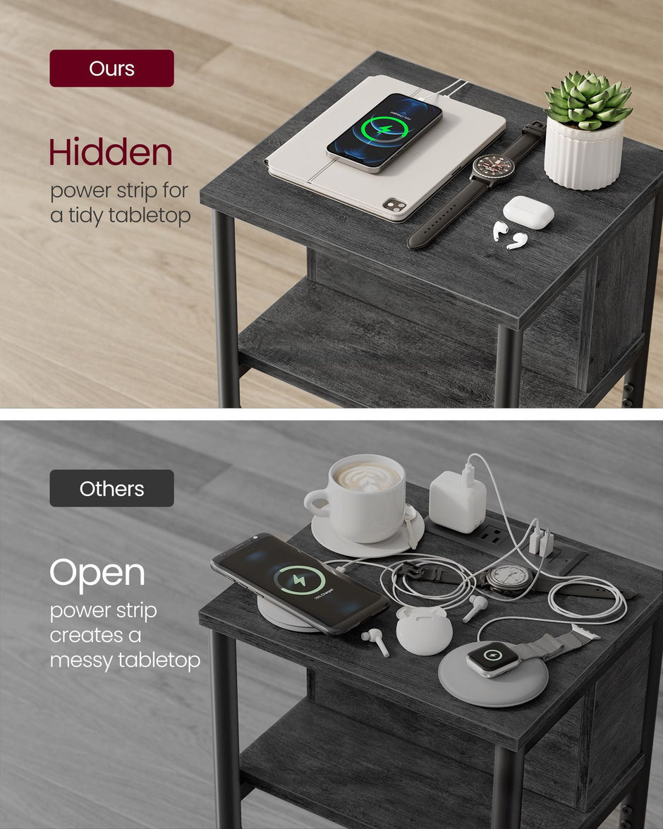 Slim Side Table – Wood and Metal – Charcoal Grey and Ink Black – Charging Station with AC and USB Outlets
