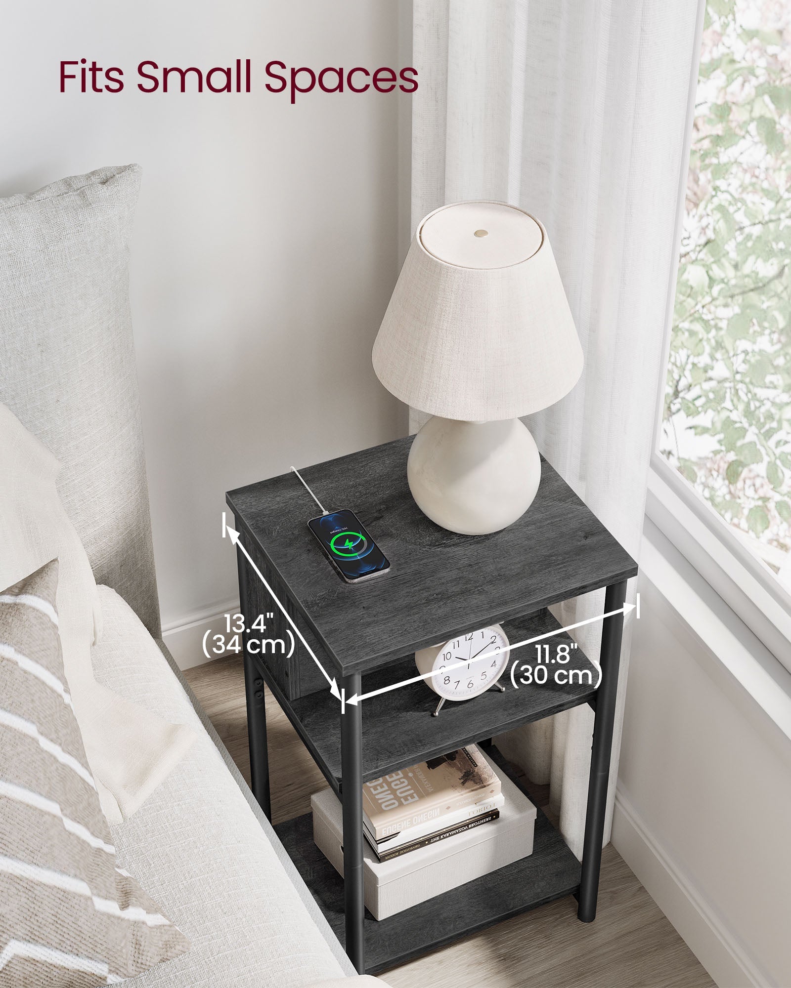 Slim Side Table – Wood and Metal – Charcoal Grey and Ink Black – Charging Station with AC and USB Outlets