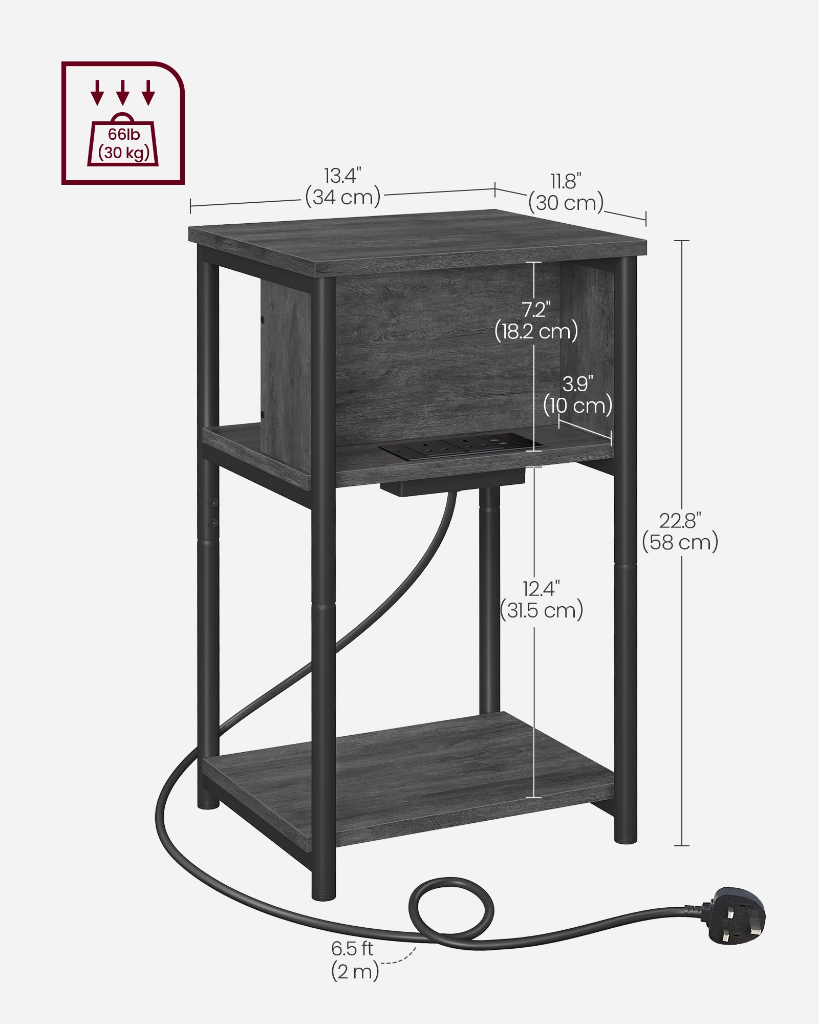 Slim Side Table – Wood and Metal – Charcoal Grey and Ink Black – Charging Station with AC and USB Outlets