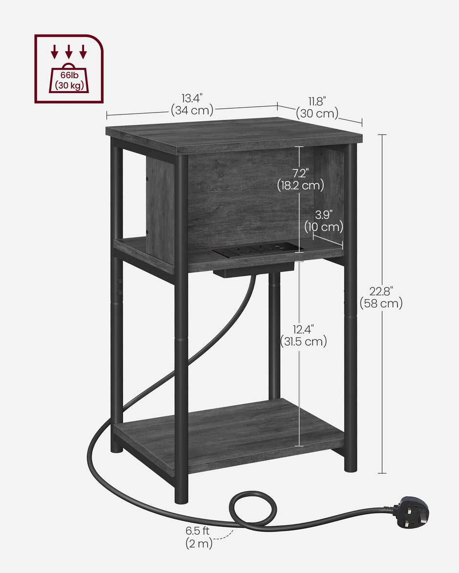Slim Side Table – Wood and Metal – Charcoal Grey and Ink Black – Charging Station with AC and USB Outlets
