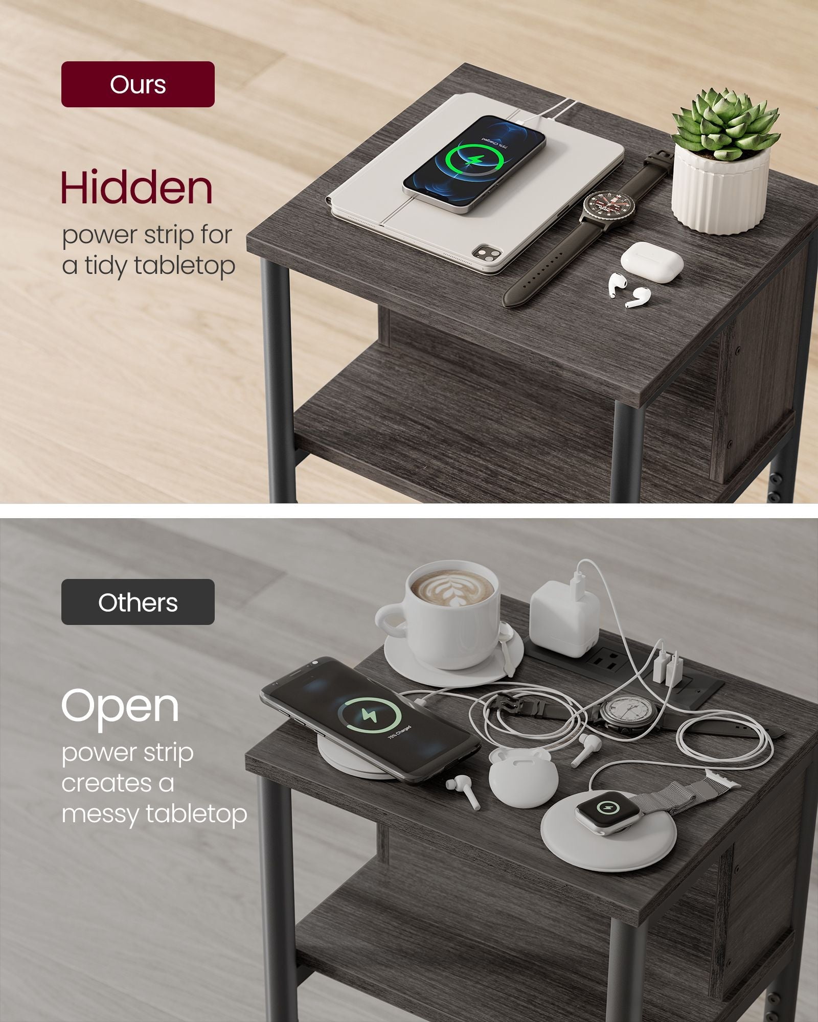Slim Side Table – Wood – Chestnut Brown and Ink Black – Includes Charging Station with AC and USB Outlets