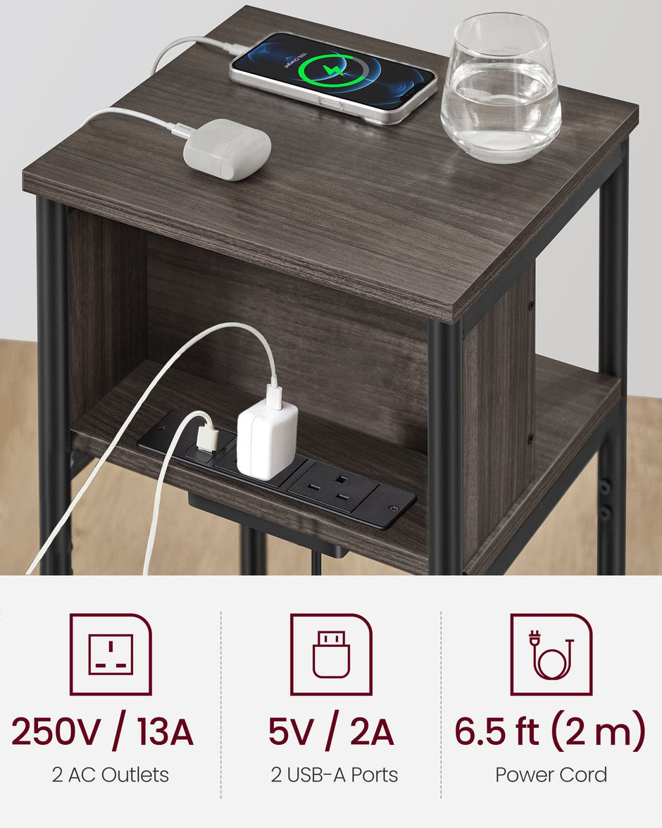 Slim Side Table – Wood – Chestnut Brown and Ink Black – Includes Charging Station with AC and USB Outlets