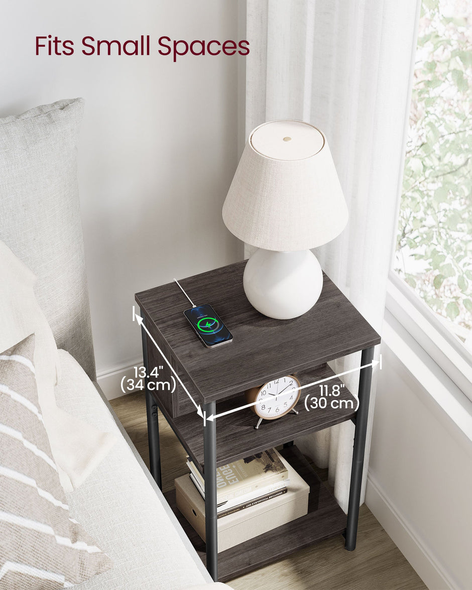 Slim Side Table – Wood – Chestnut Brown and Ink Black – Includes Charging Station with AC and USB Outlets