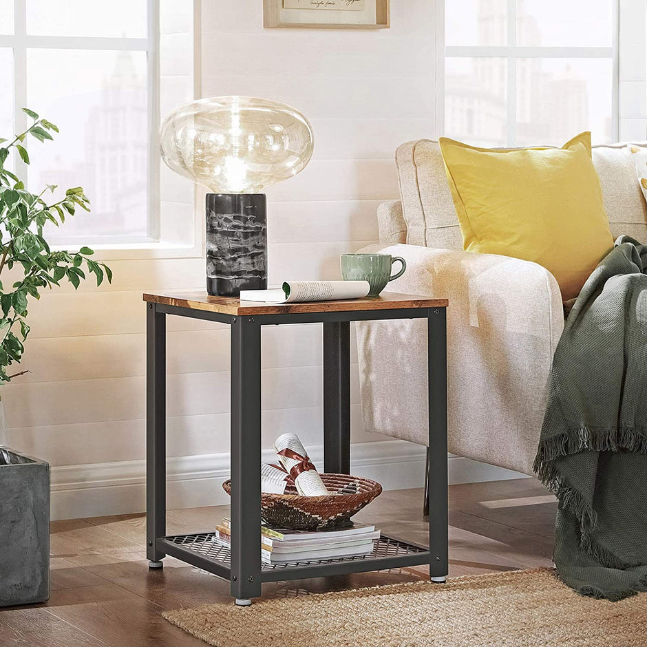 Antique Side Table – Metal Frame – Rustic Brown – Easy Assembly for Versatile Use