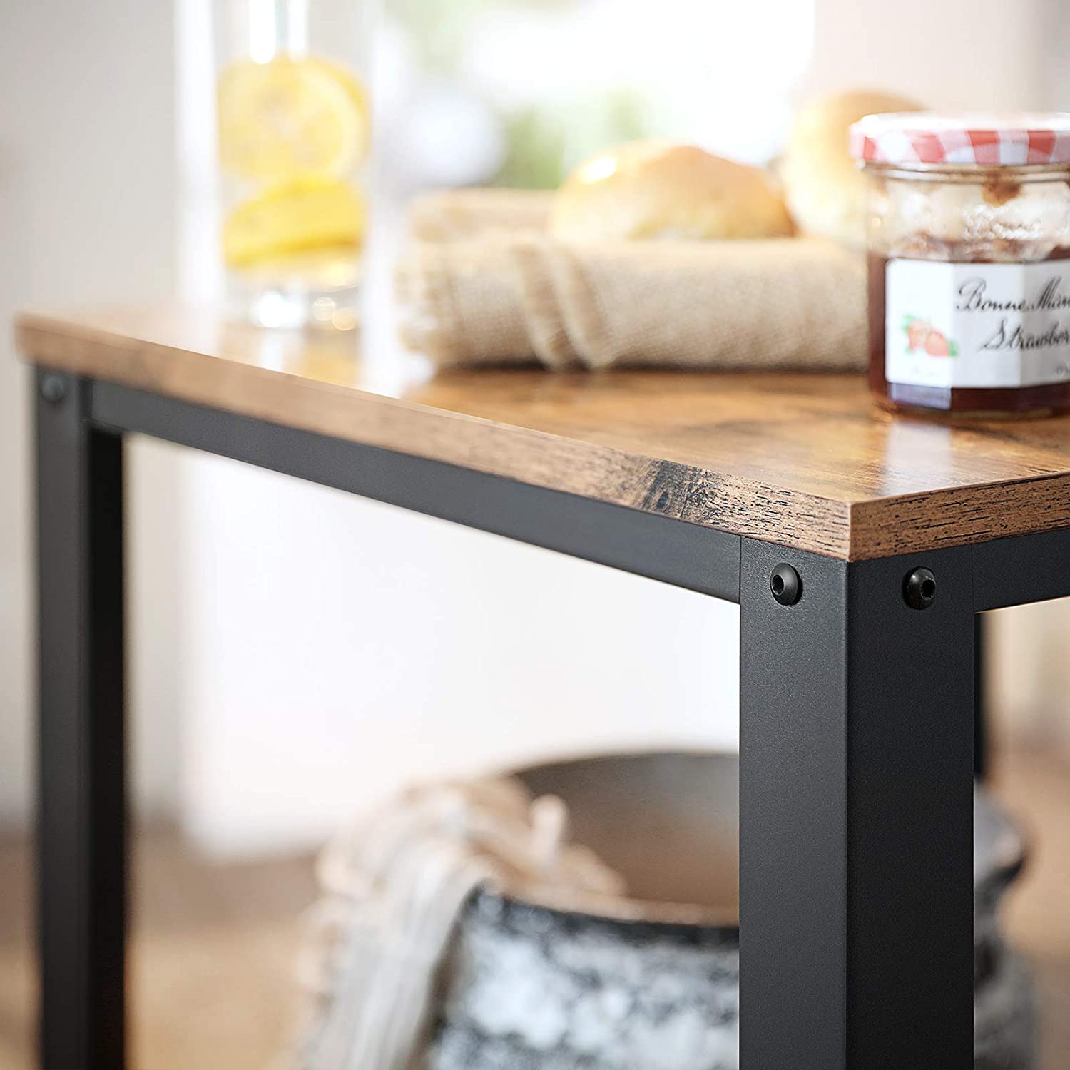 Antique Side Table – Metal Frame – Rustic Brown – Easy Assembly for Versatile Use