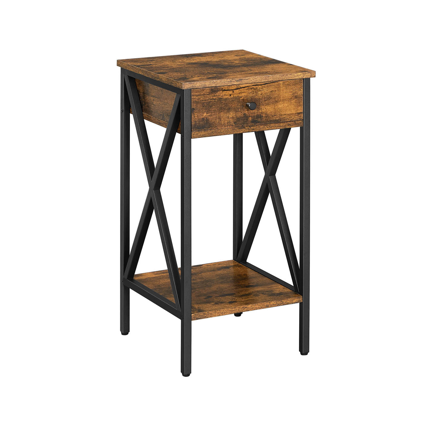Nightstand – Wood and Metal – Rustic Brown and Black – Industrial Design with Drawer and Storage Shelf