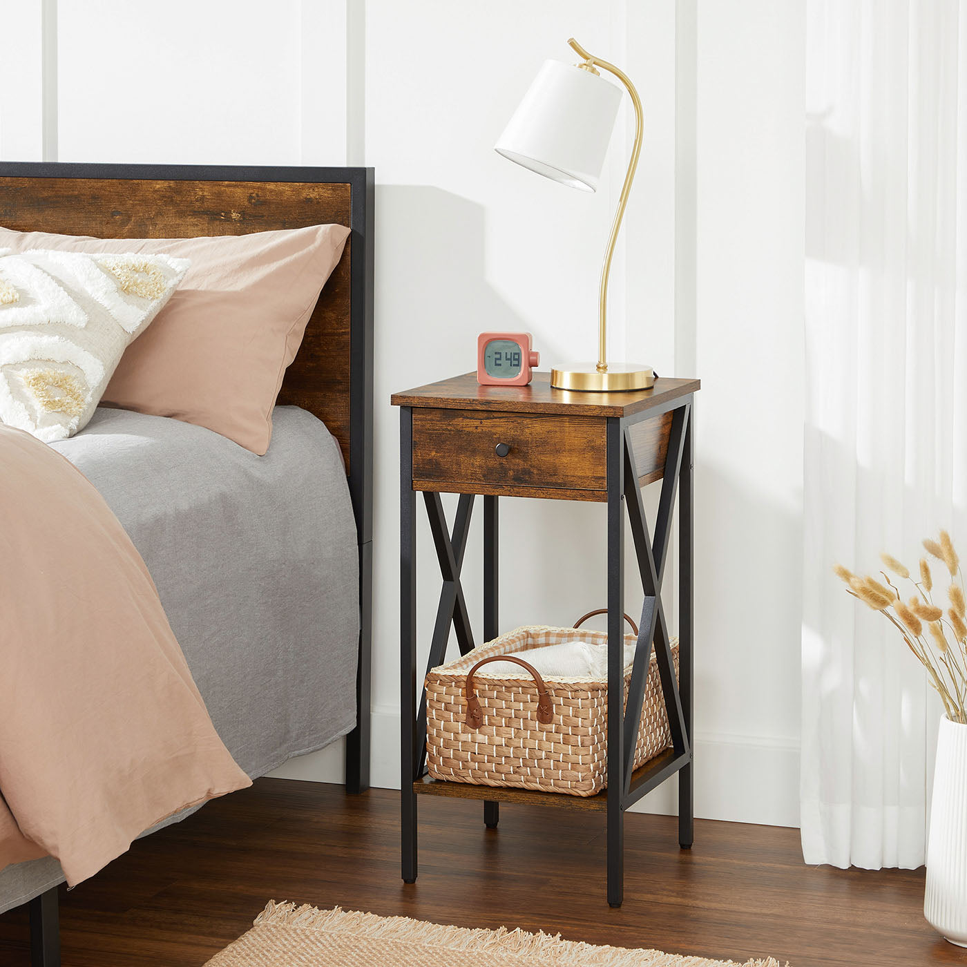 Nightstand – Wood and Metal – Rustic Brown and Black – Industrial Design with Drawer and Storage Shelf