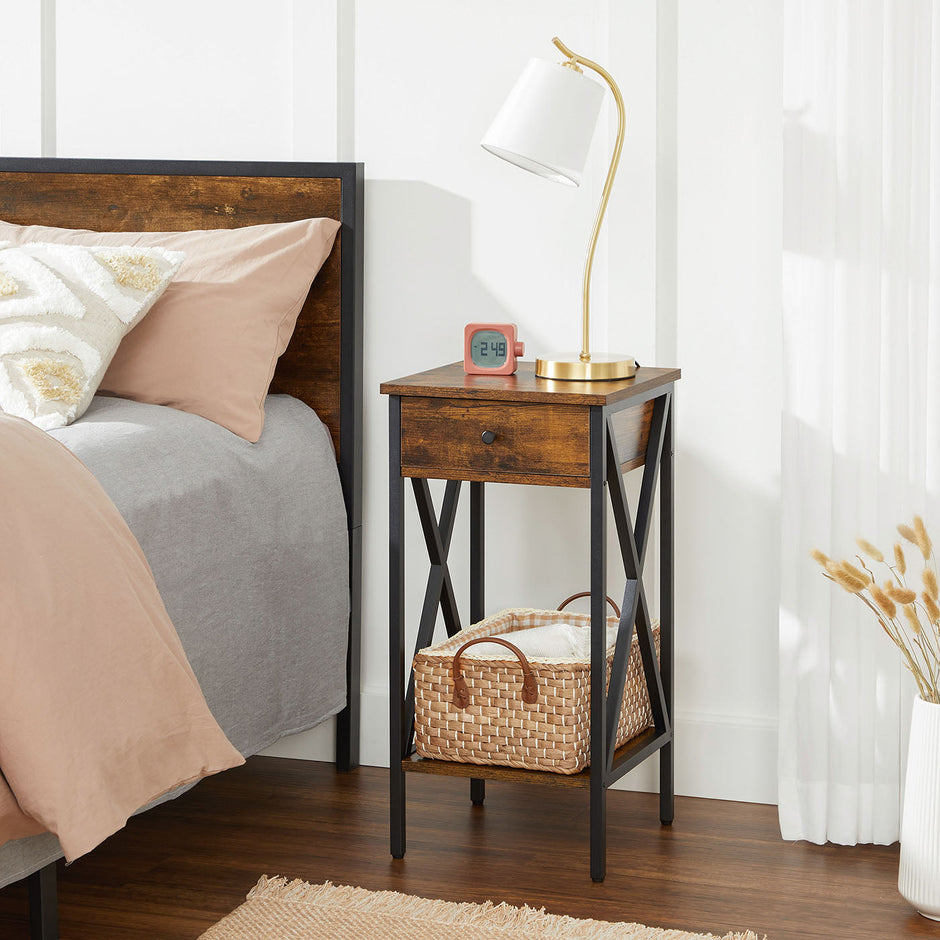 Nightstand – Wood and Metal – Rustic Brown and Black – Industrial Design with Drawer and Storage Shelf