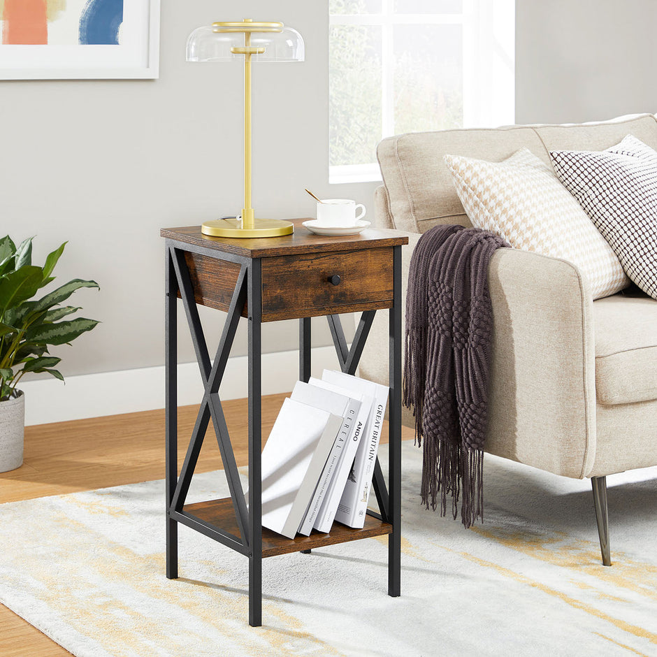 Nightstand – Wood and Metal – Rustic Brown and Black – Industrial Design with Drawer and Storage Shelf