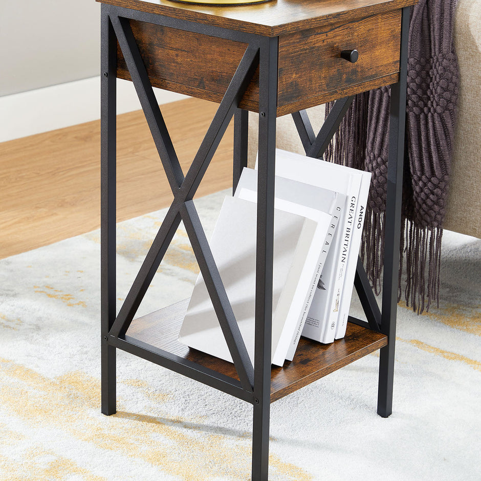 Nightstand – Wood and Metal – Rustic Brown and Black – Industrial Design with Drawer and Storage Shelf